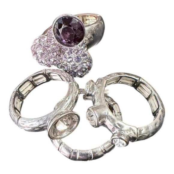 Jewelry - Y2K Unbranded‎ Rings Set Purple Silver Stretch Stackable Rhinestone Crystal 4pc
